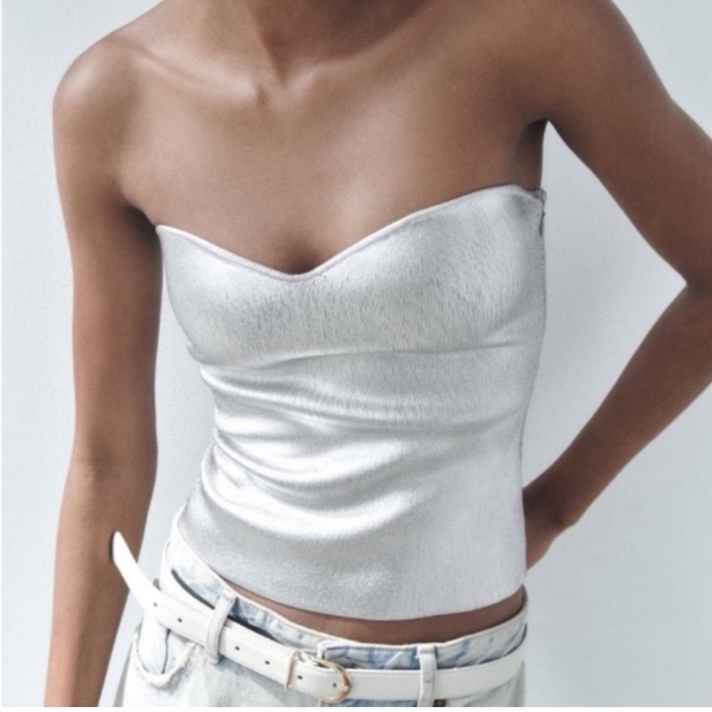 ZARA Silver Foil Metallic Strapless Tube Top - Picture 3 of 9